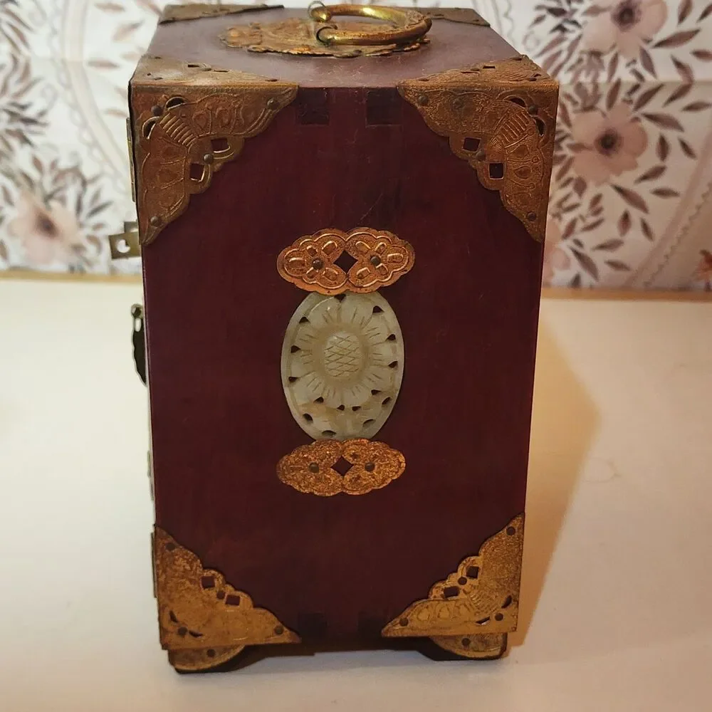 Vintage Chinese Musical Jewelry Box Brass Inlay 3 Drawer Wood Cabinet Memories